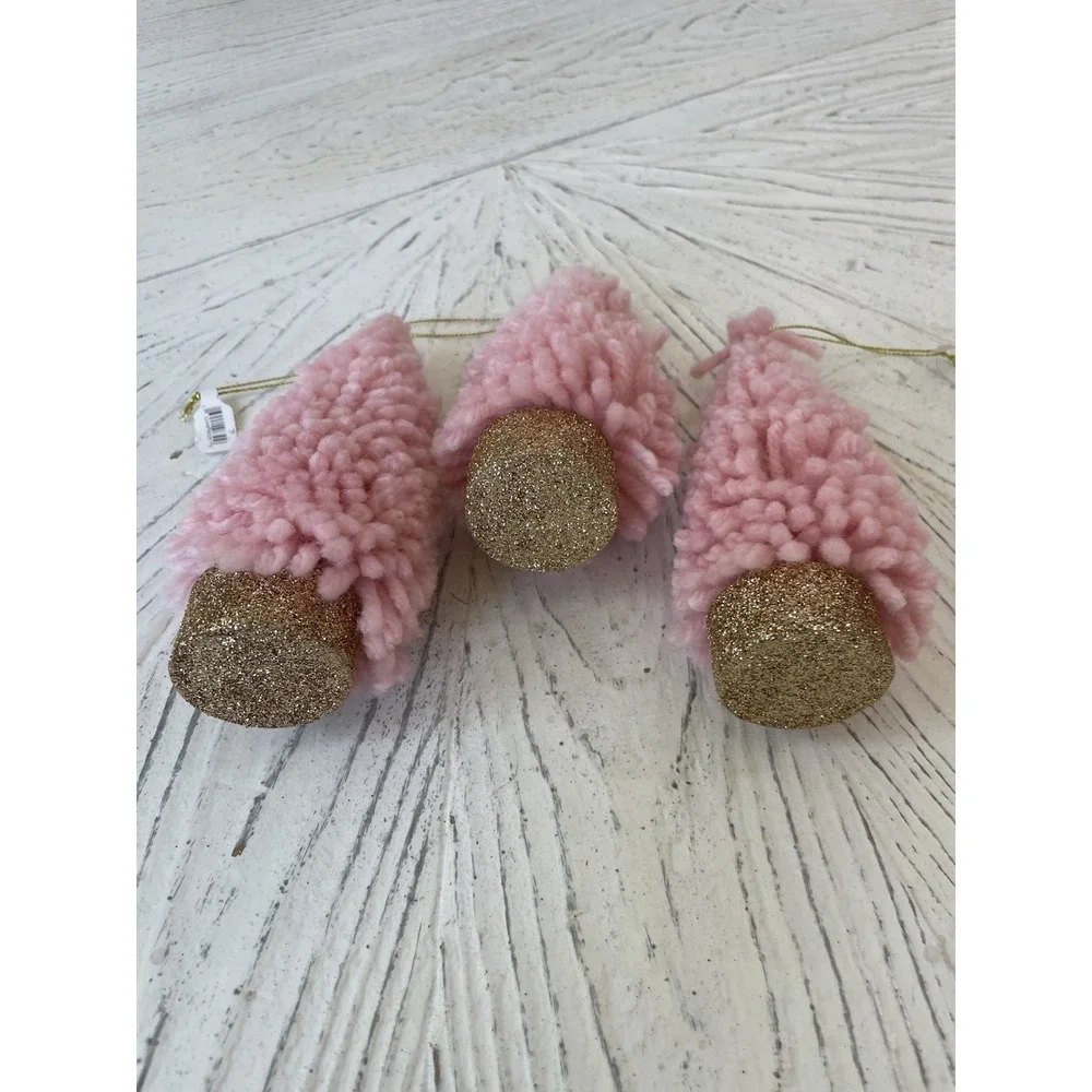 NWT  Set of 3 Pink Yarn Trees Gold Glitter Base Christmas Ornaments